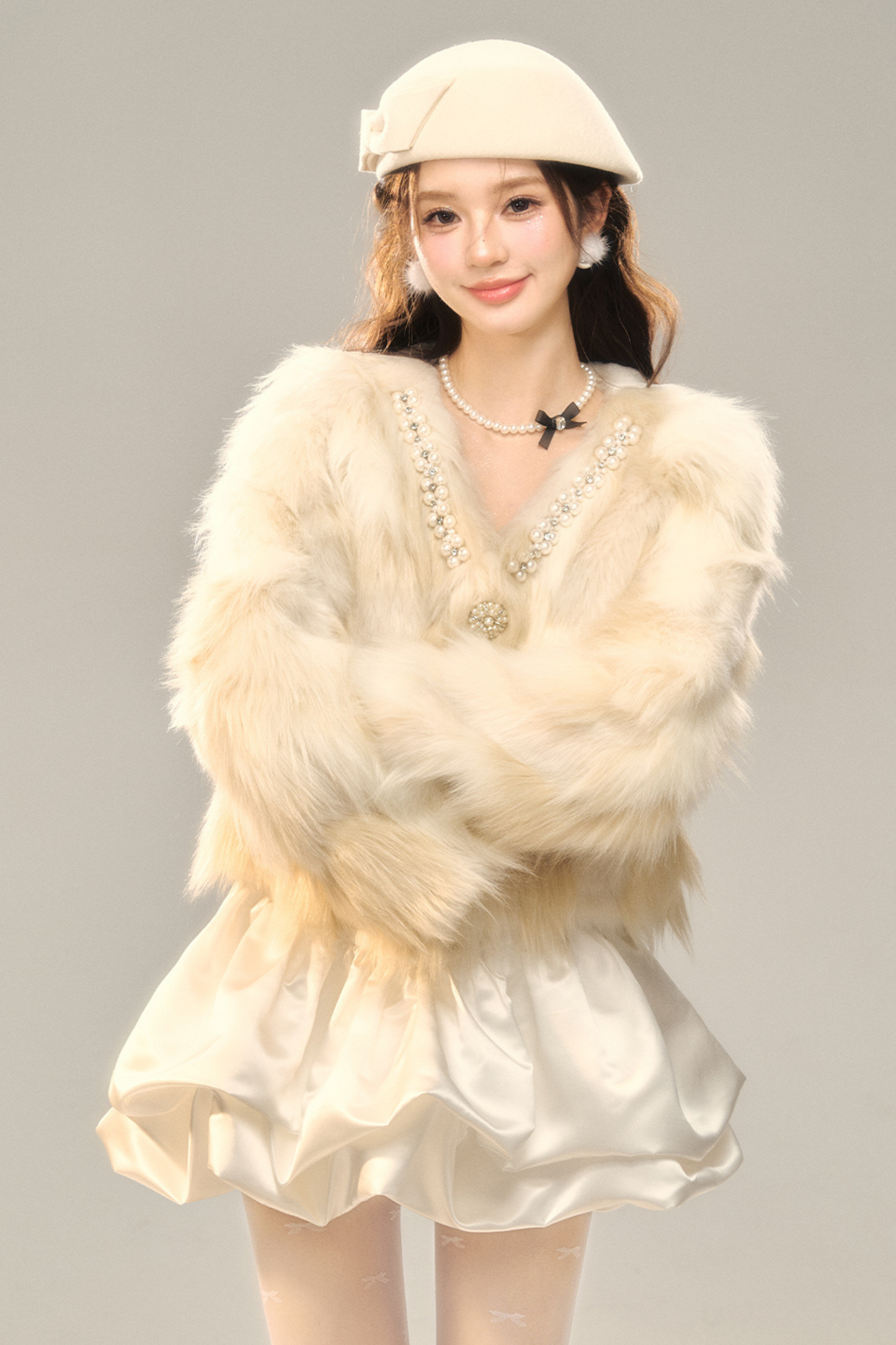 Wine Champagne Color Eco Fur Jacket