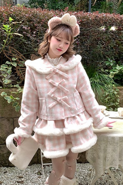 Peach Check Sweet Bow Coat + Check Tight Skirt + Fur Check Skirt