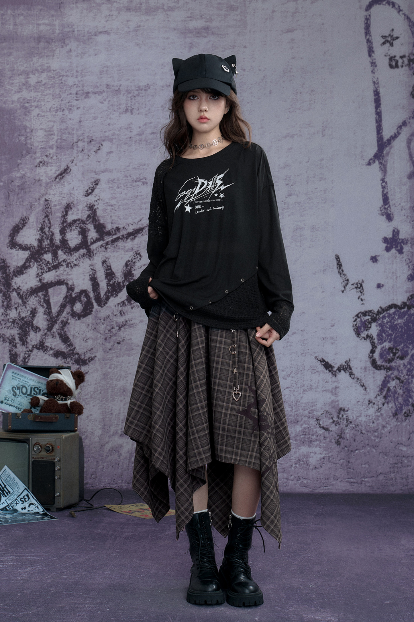 ナイトモードアシメチェックスカート