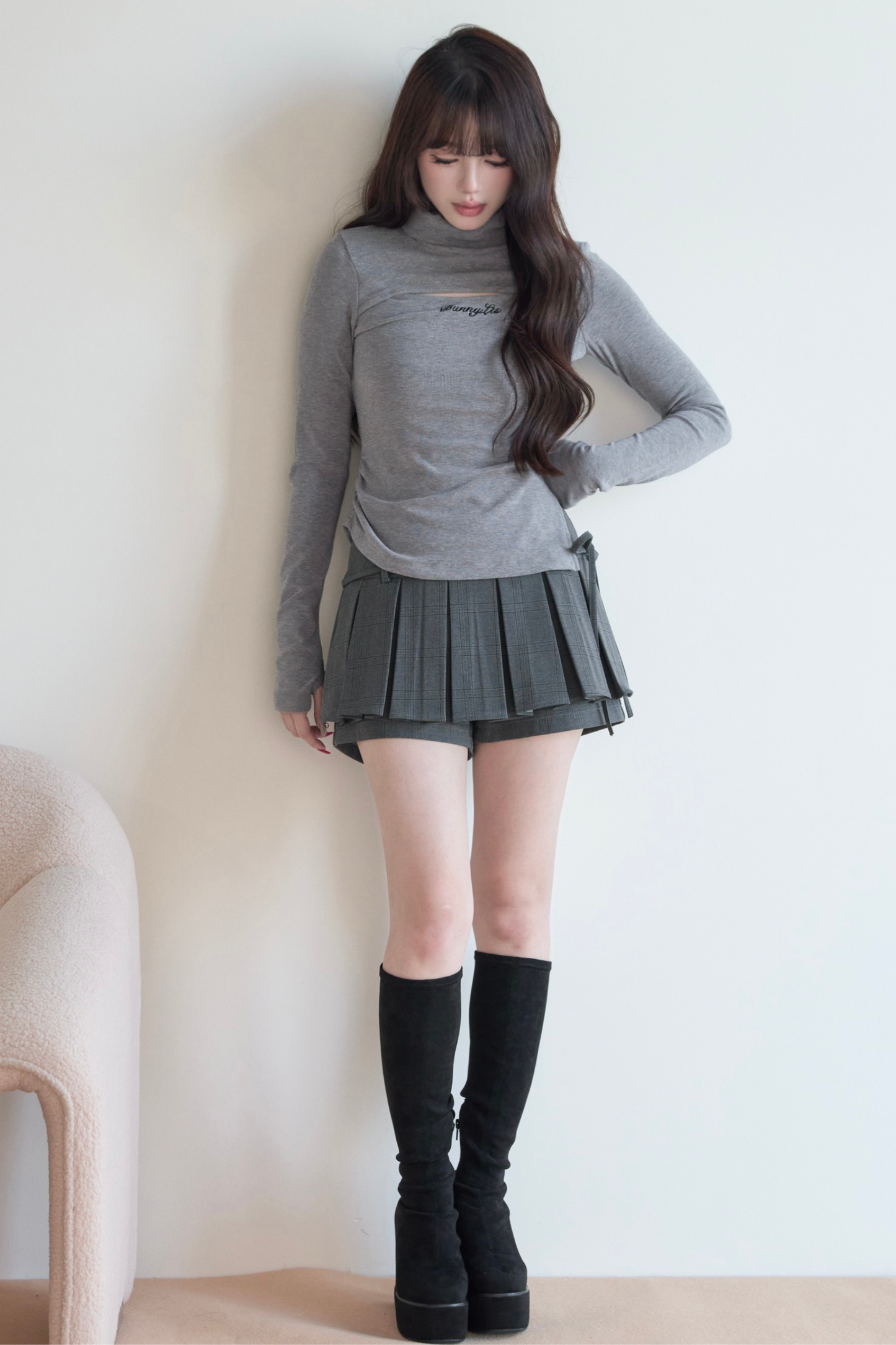 High Neck Knit Top + Check Skirt