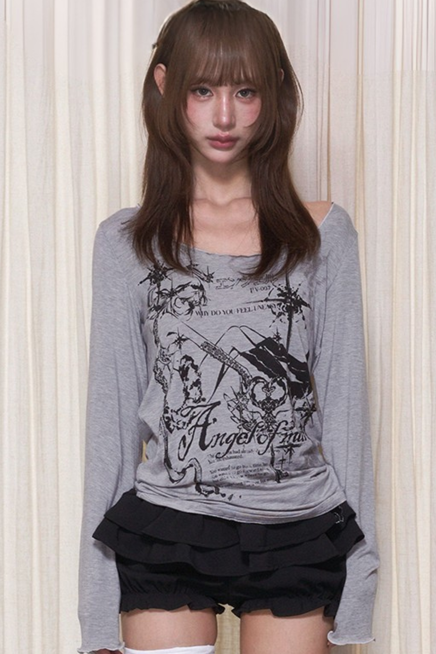 ブロークンエンジェルプリントドロップショルダートップス