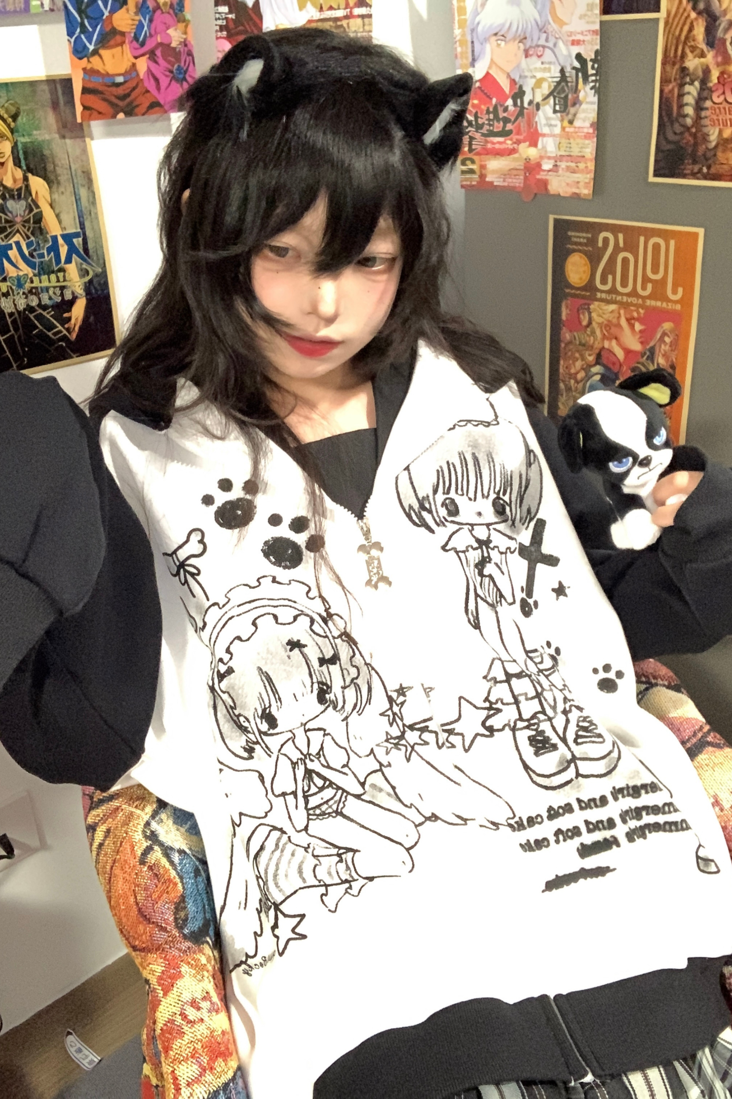 アニメガールイラストバイカラーフードパーカー