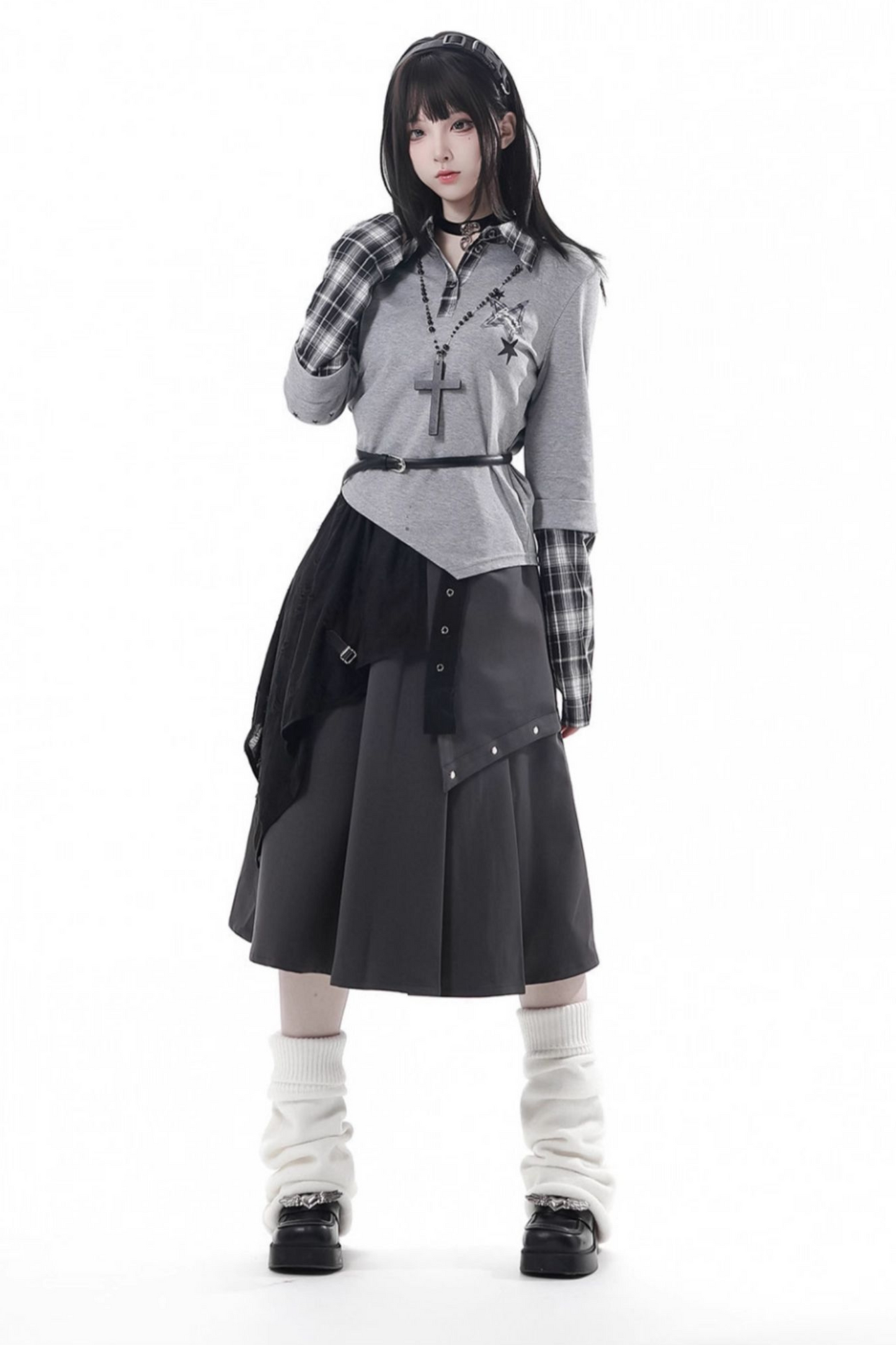 チェックデザイントップス+アシメトップス+パンツ+スカート+ベルト