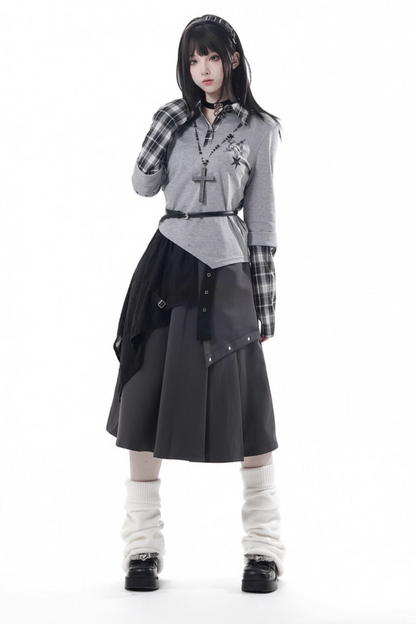 チェックデザイントップス+アシメトップス+パンツ+スカート+ベルト