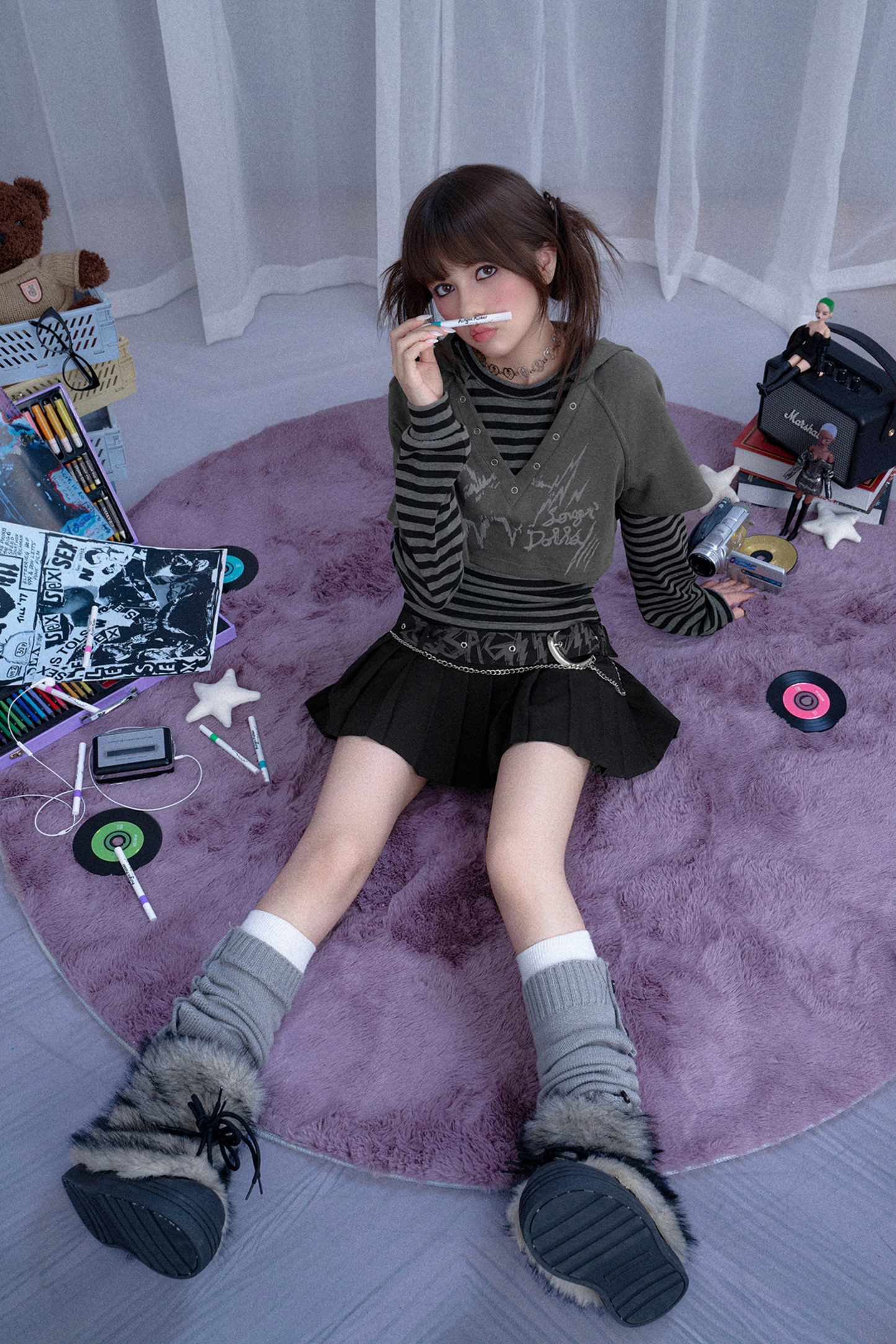 ボーダーツーピーススーツフードトップス