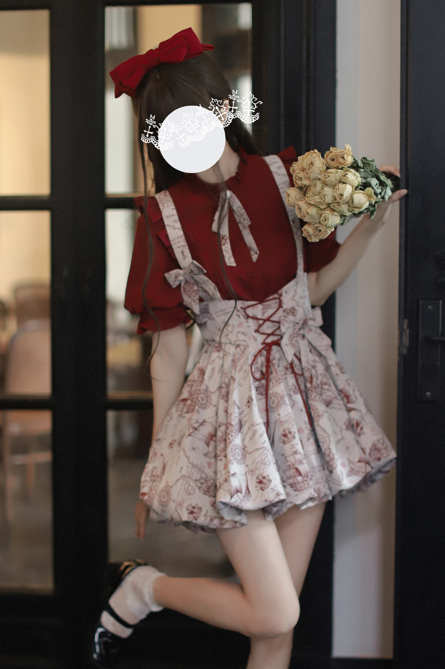 (Pre-order item) Wine Red Puff Sleeve Shirt + Balloon Jumperskirt