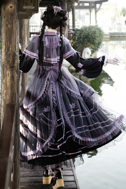 チャイナパープルフローラルドレス+アウタードレス+ロングスカート