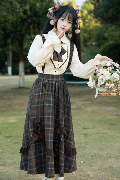 Retro girly check skirt + ruffle blouse