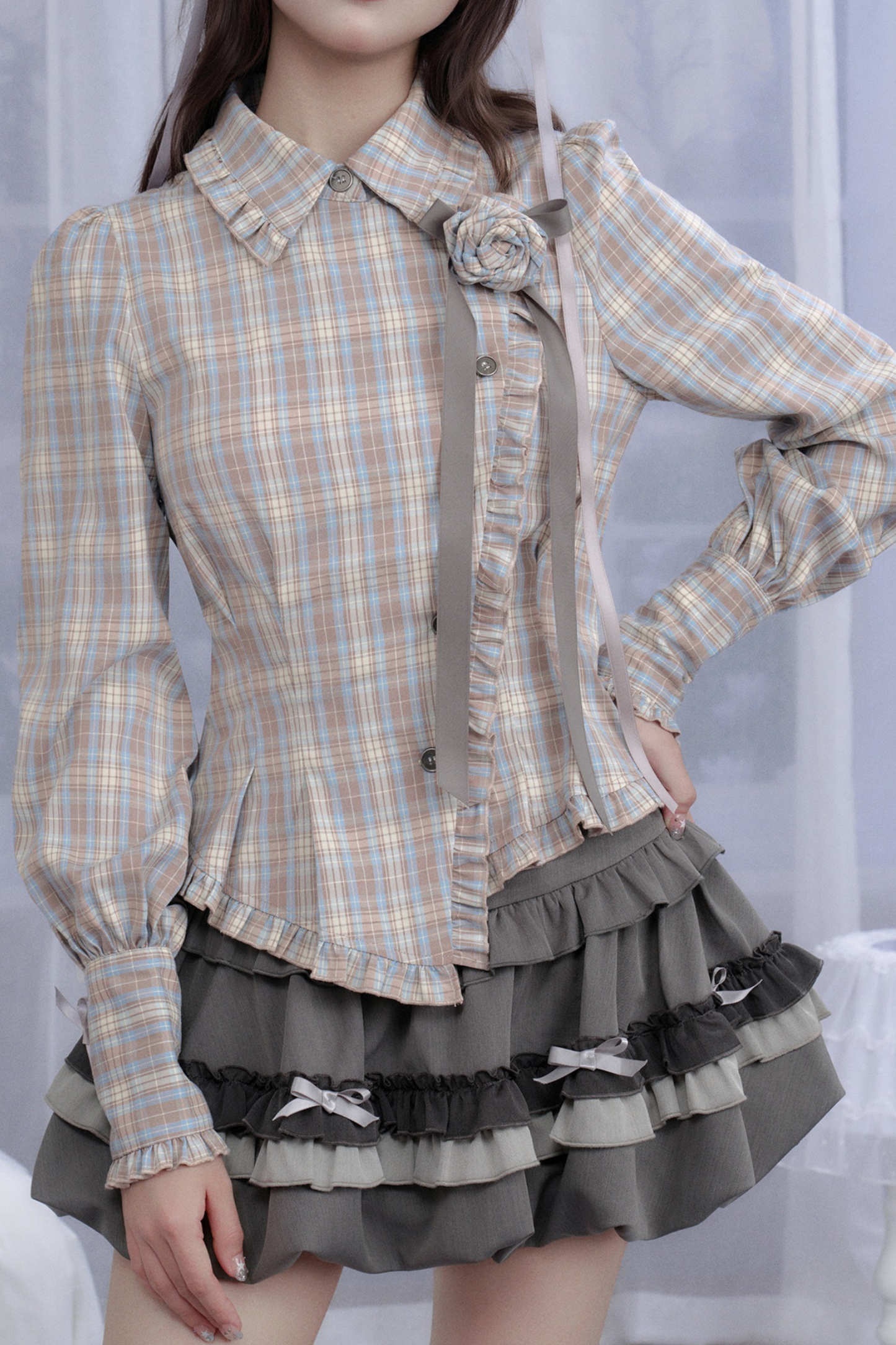 ローズガーデンガールチェックシャツ+ヘアバンド