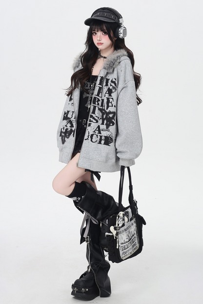 アメリカンレトロレターストリートファーフードパーカー