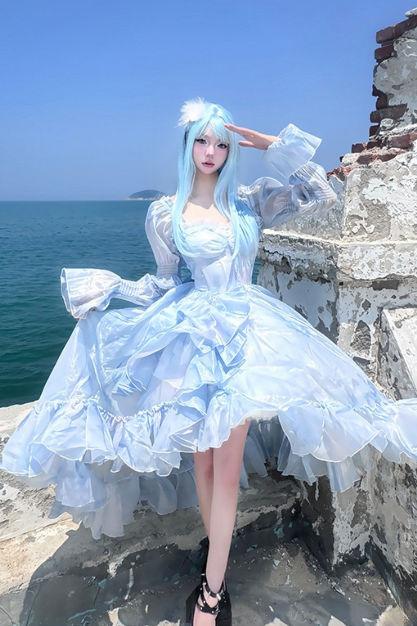 [Pre-order product] Snow Blue Sparkling Series Long Tail Bustier Dress + Back Ribbon