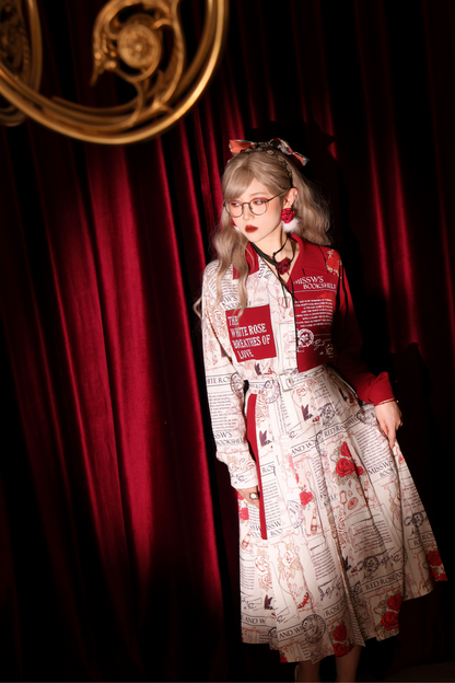 Retro Rose Print Stitch Shirt + Pleated Slit Skirt