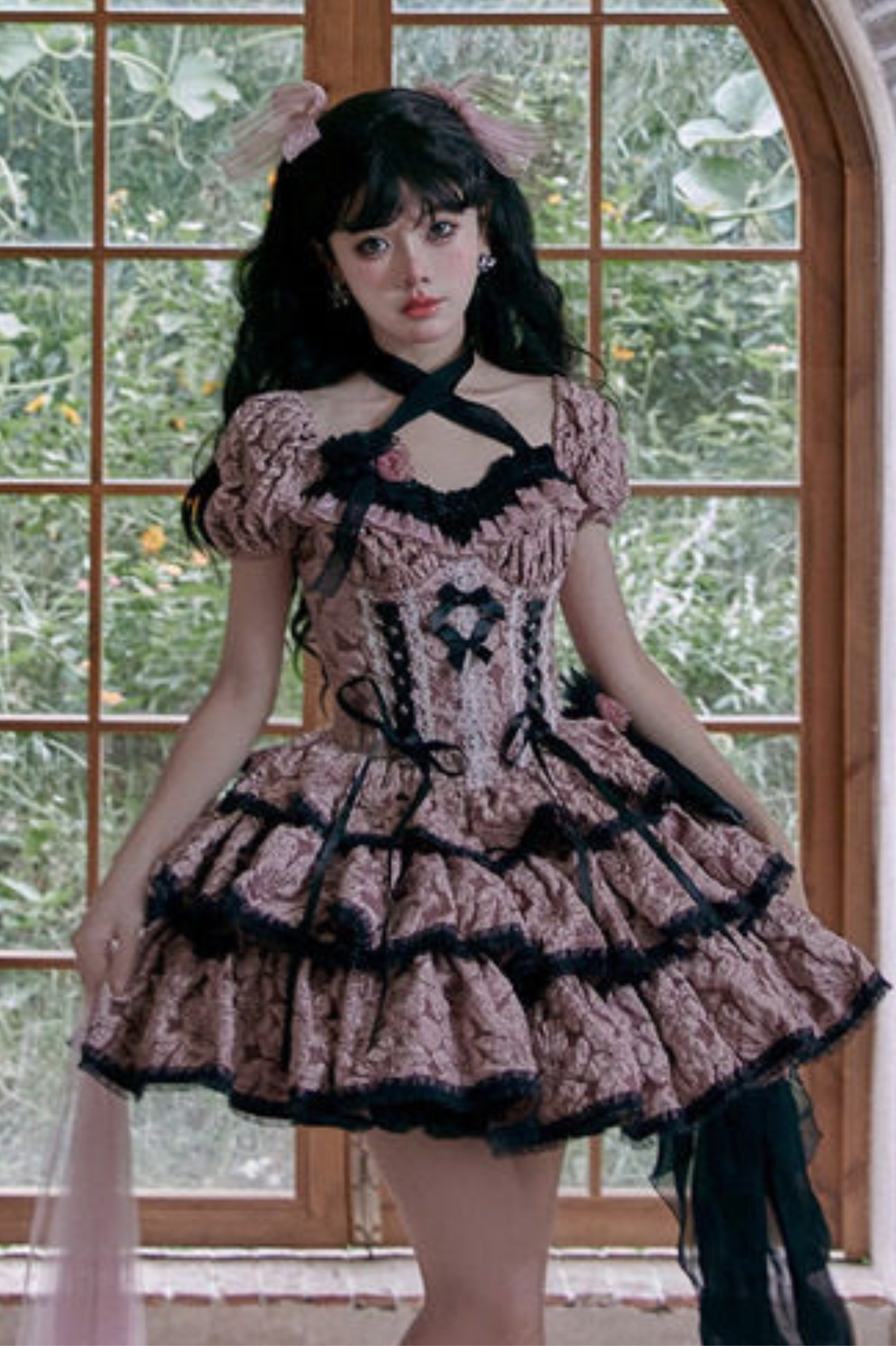 ダークピンクレースアップロリータドレス