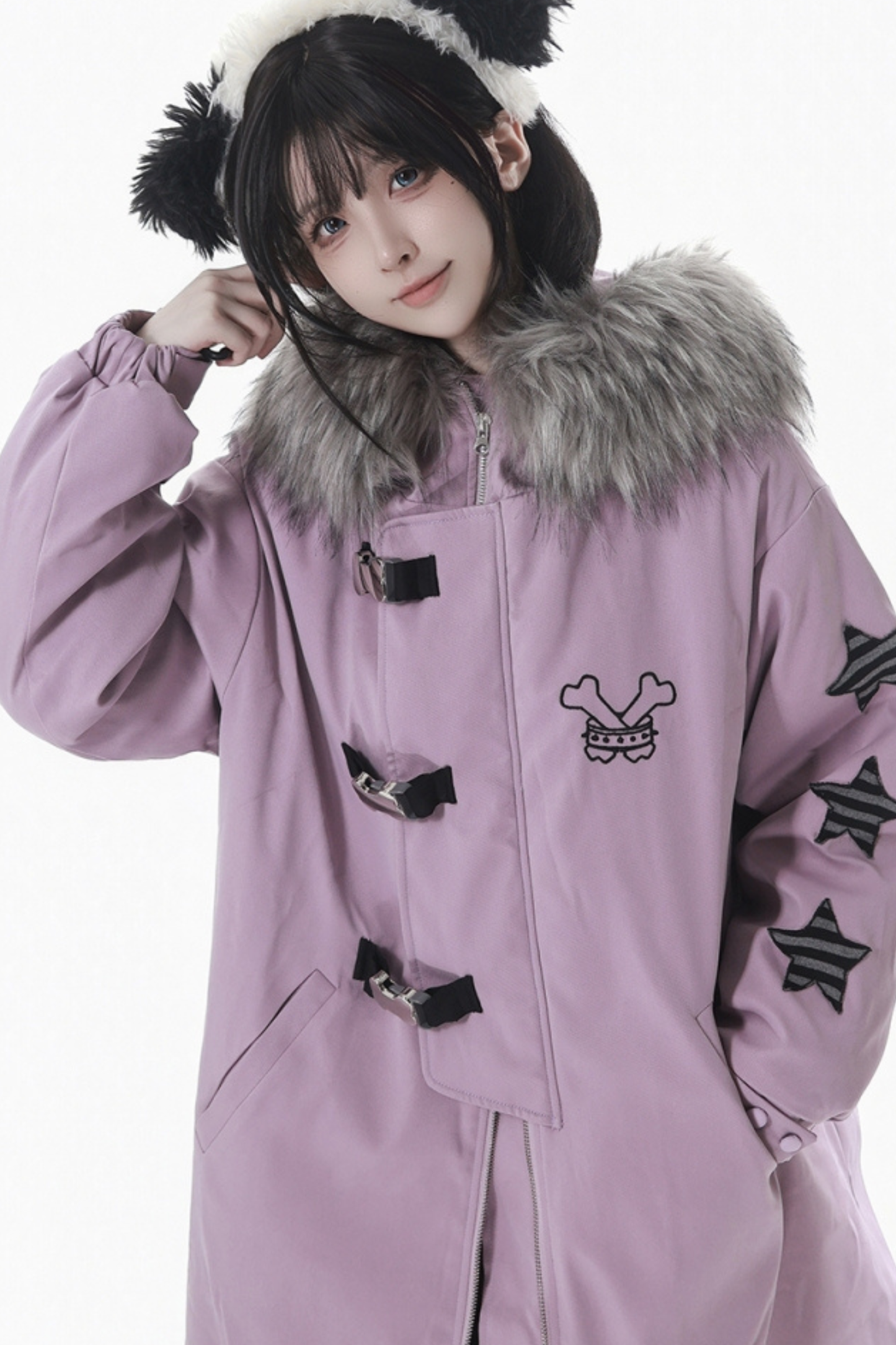 ダークカラーファーフードミドルコート