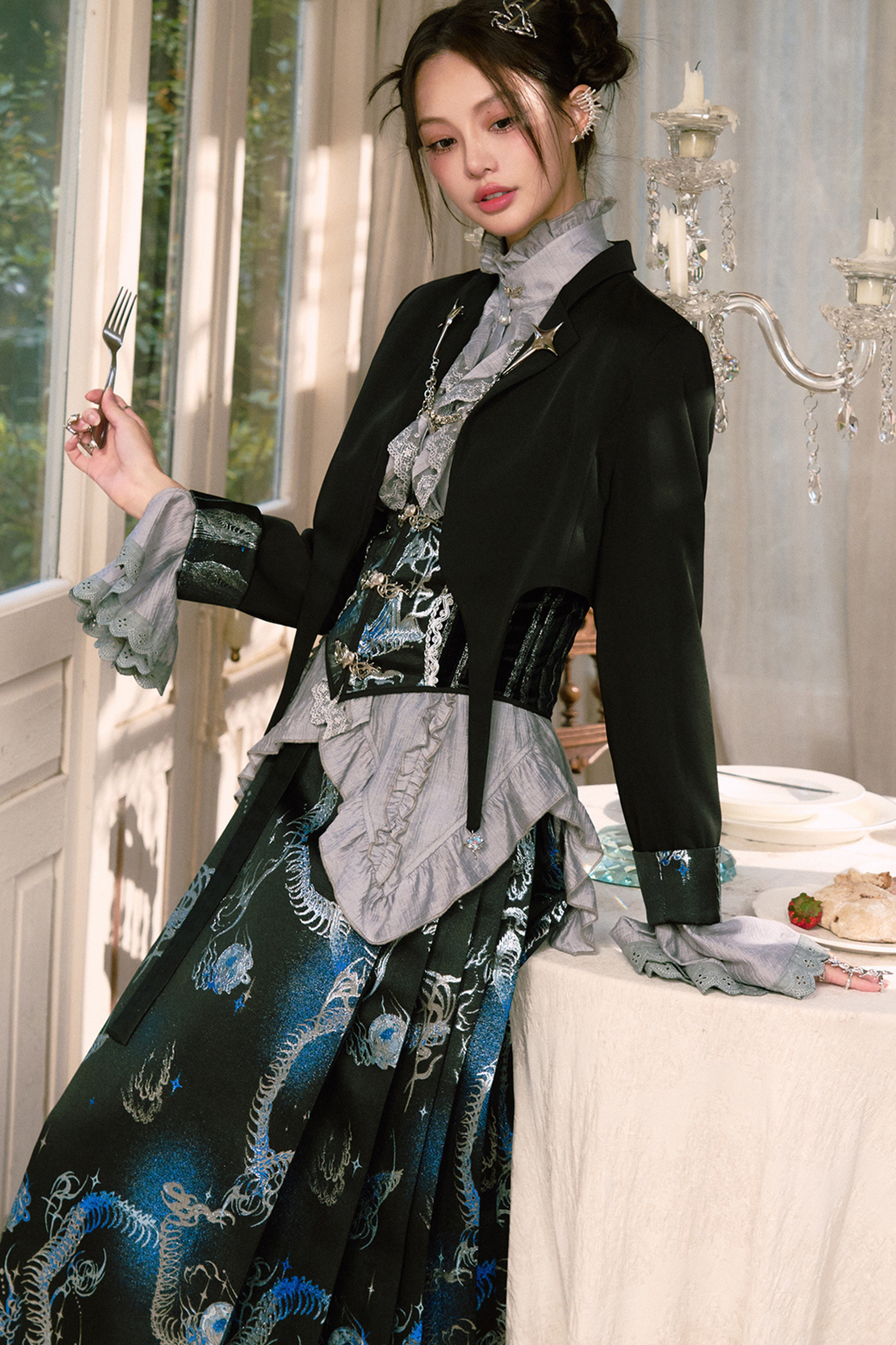 Elegant Chinese shirt + jacket + long skirt