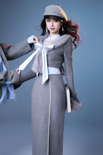 Faux Two Piece Lady Slit Dress