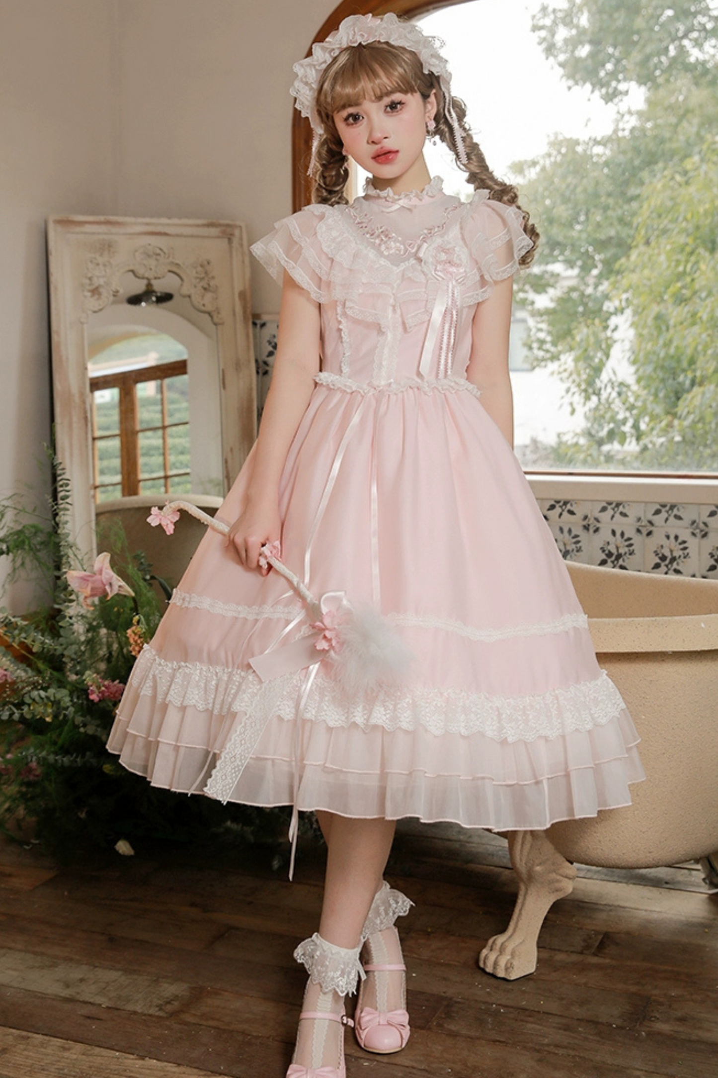 Cherry blossom color sweet princess Lolita dress + doll color top + sheer cardigan + apron