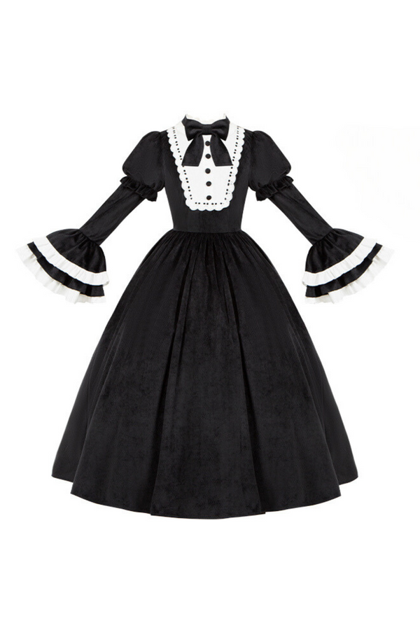 スリープレスナイトシリーズクラシカルブラックホワイトベルスリーブリボンドレス