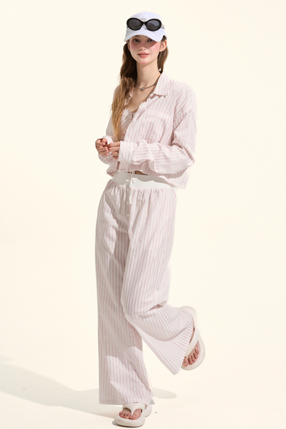 ストライプシャツ+ルーズパンツ+バンドゥ