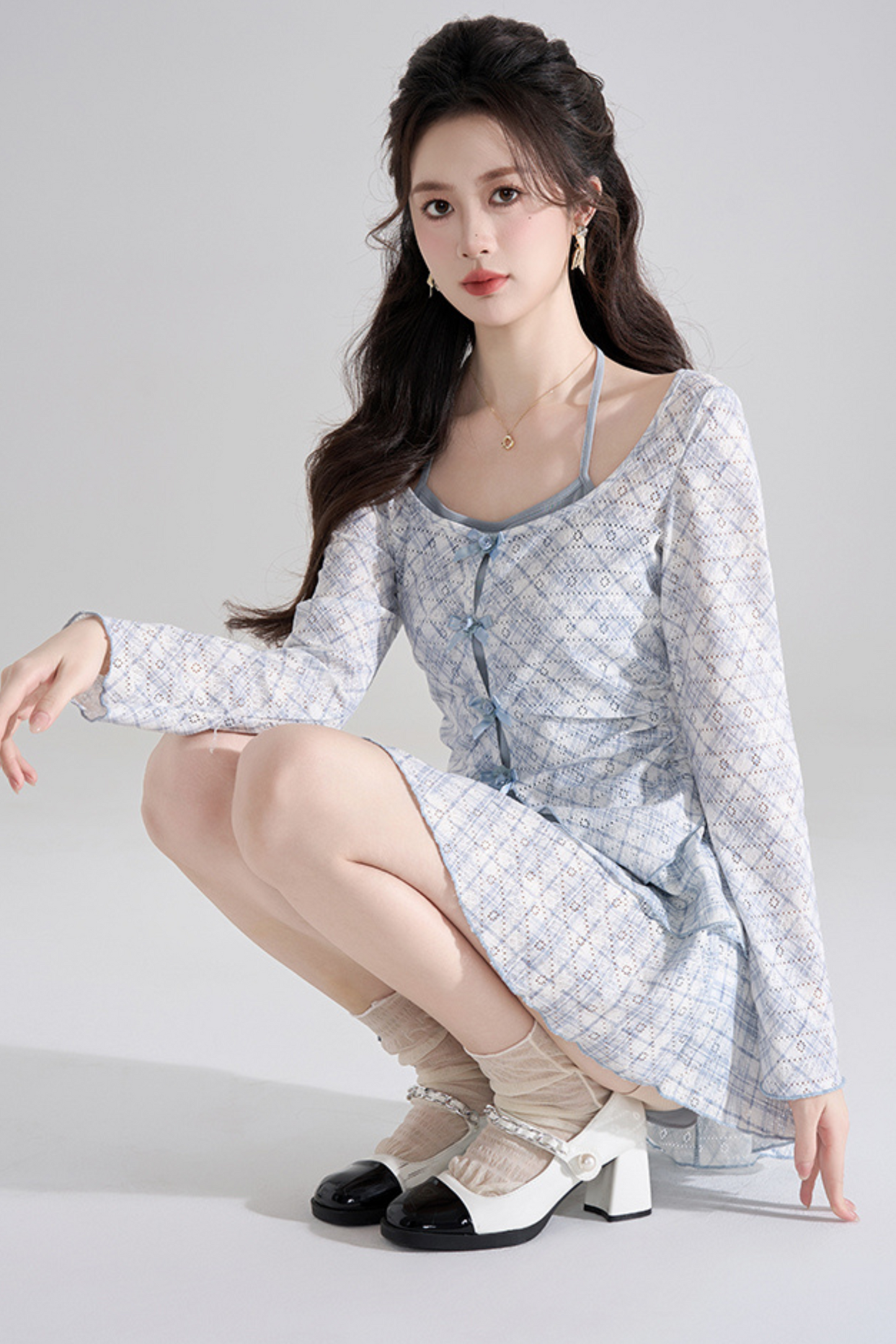 Blue Check French Sleeve Ensemble Top + Flared Skirt