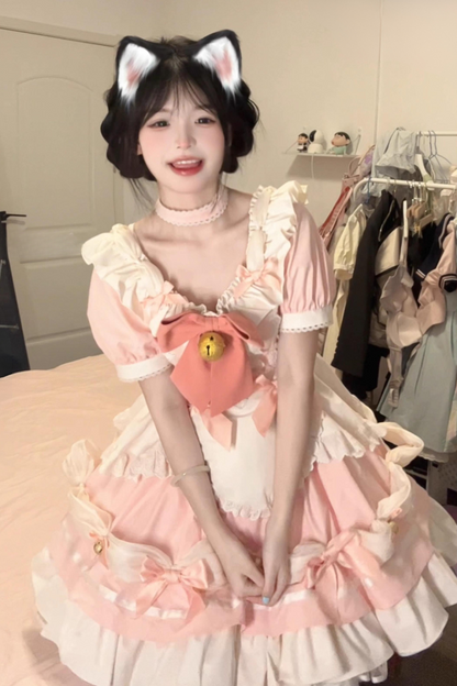 [Reservation product] White Pink White Blue Big Bell Ribbon Girly Sweet Maid Dress