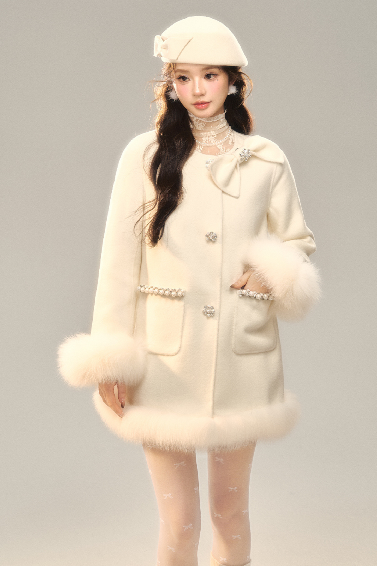 Ribbon A-line Fur Coat