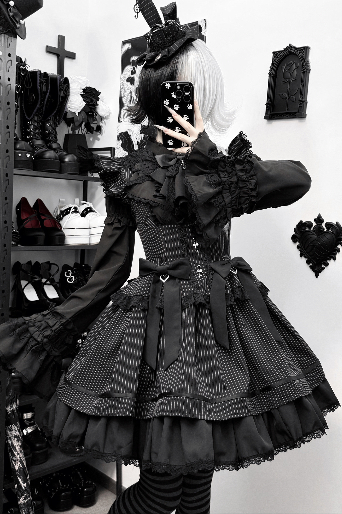 ムーンストライプゴシックジャンパースカート+ウエストリボン+バックリボン