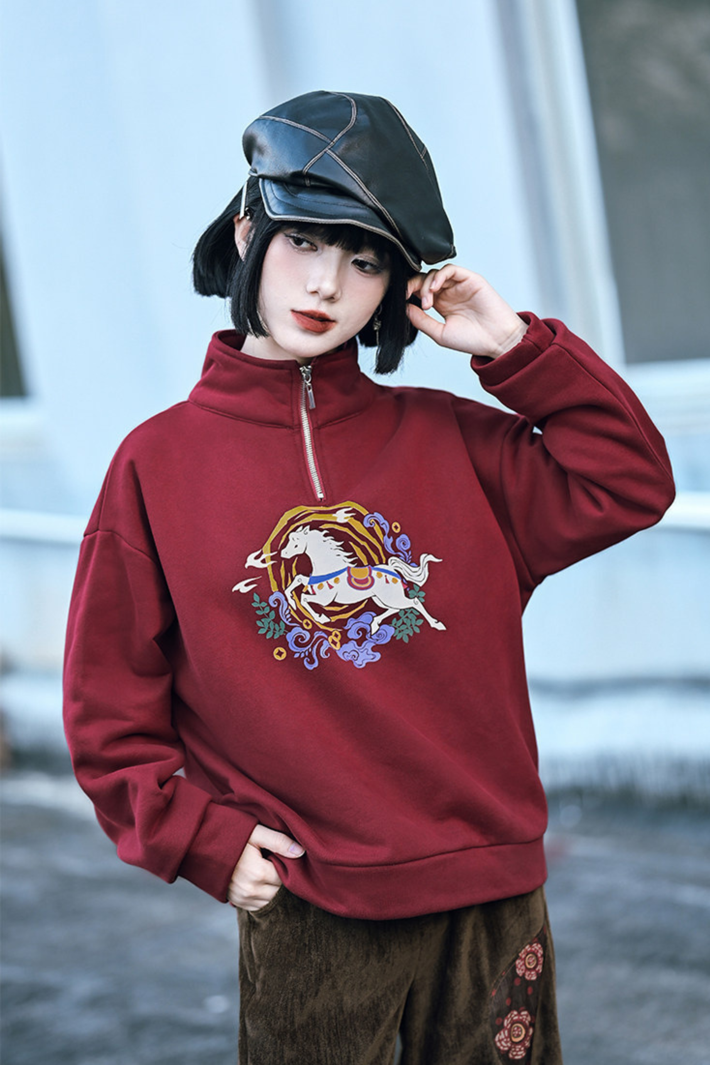 Retro china mode zip-neck top