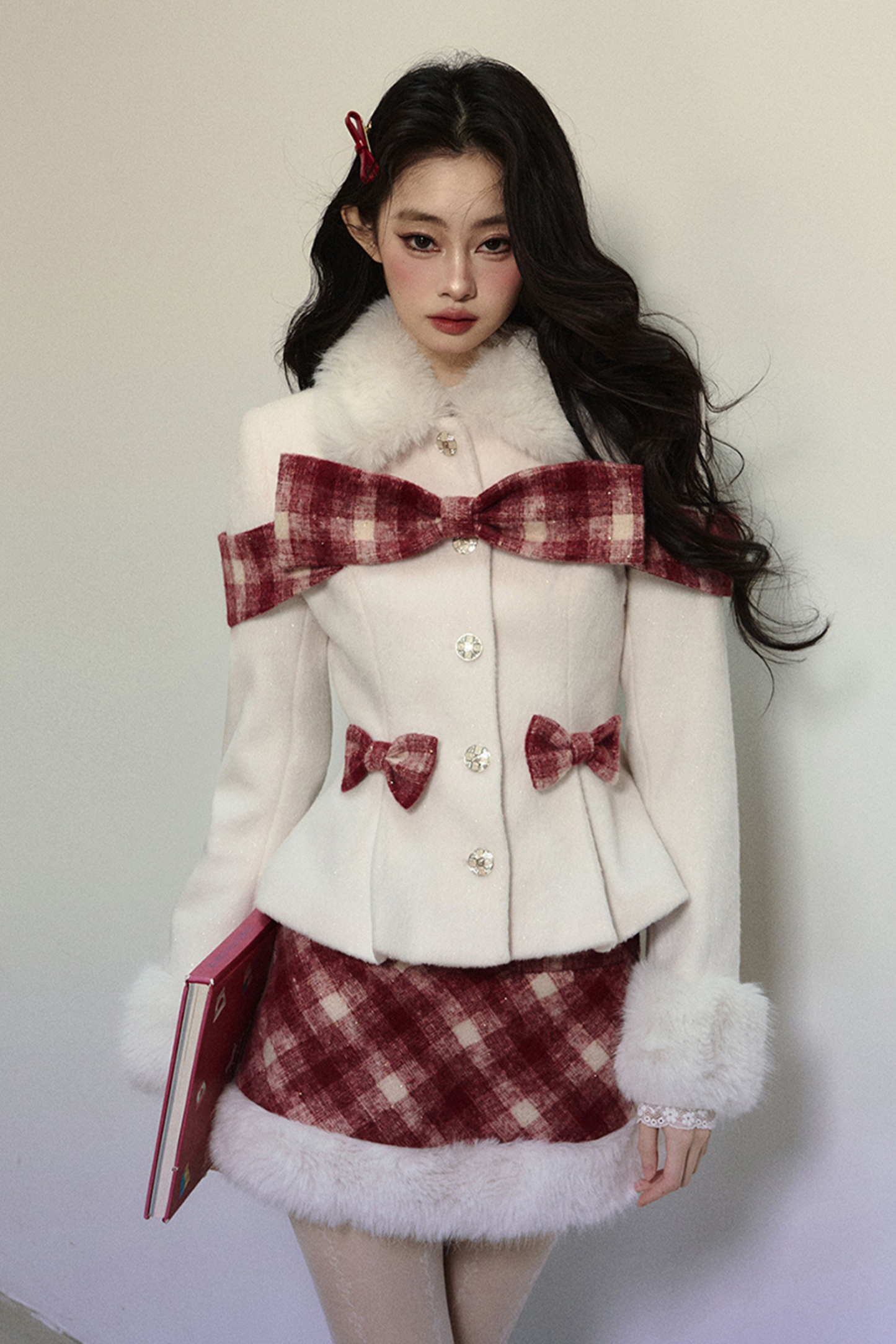 Check Ribbon Coat + Fur Check Skirt