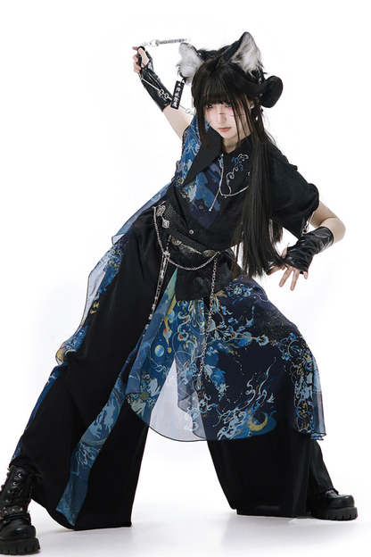 ダークチャイナシャツ+ワイドレッグパンツ+チェーン+ベルト