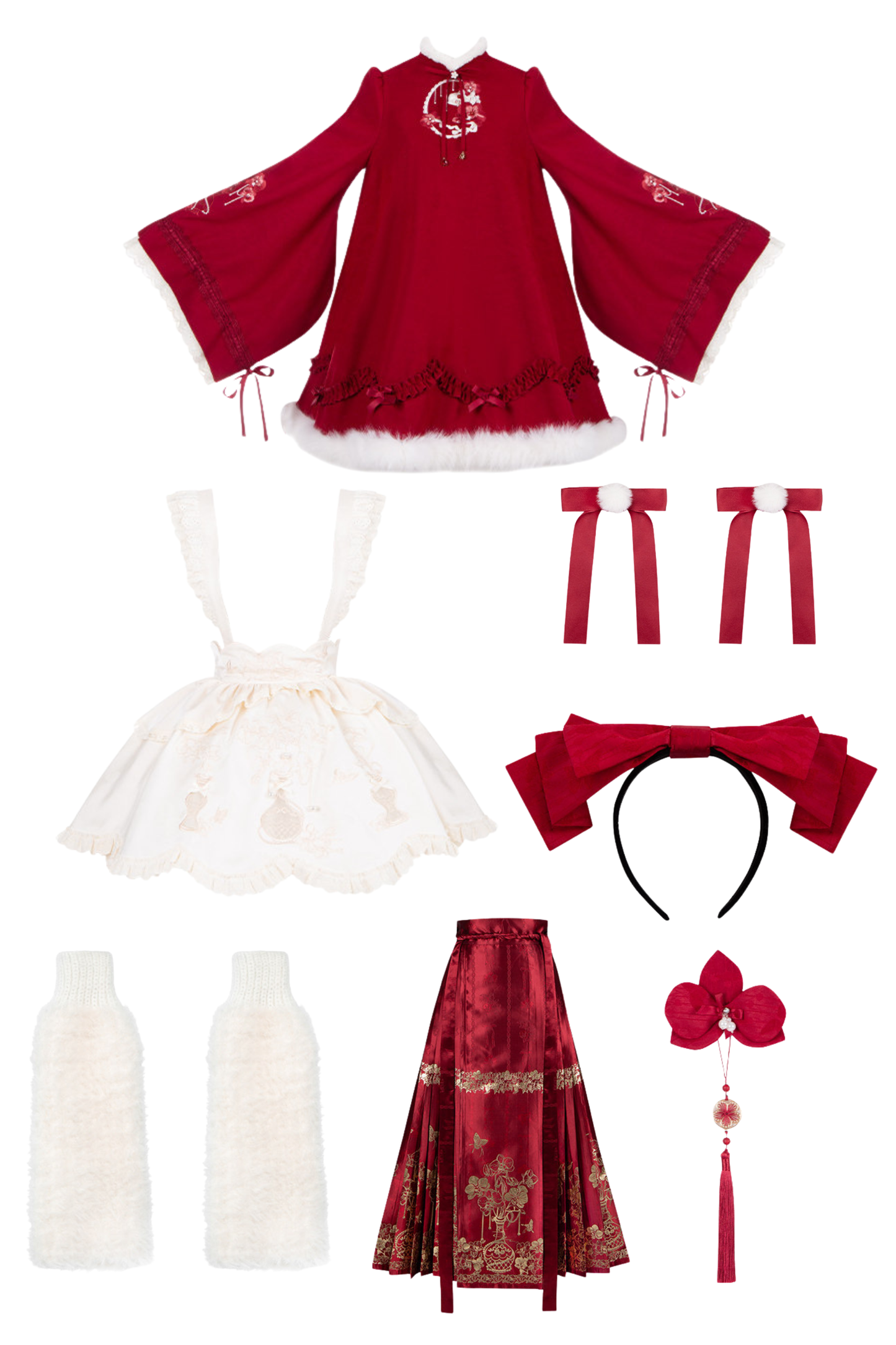 China Big Sleeve Dress + Apron + Skirt + Leg Warmers + Hairband + Clip + Pin