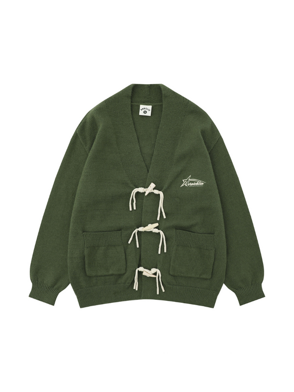 Retro green horn button cardigan knit jacket + striped shirt + checked skirt