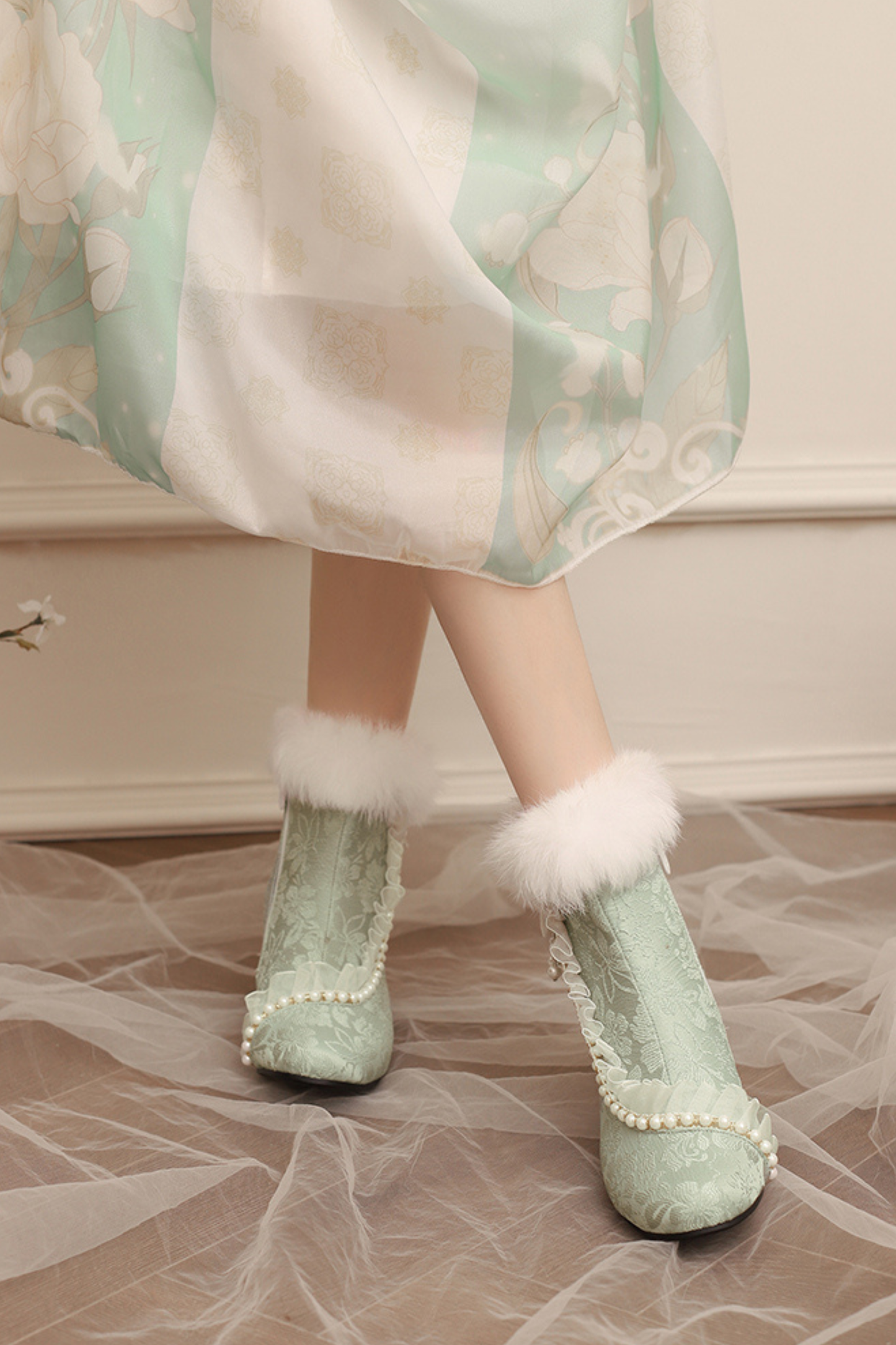 レースファーエレガントショートブーツ