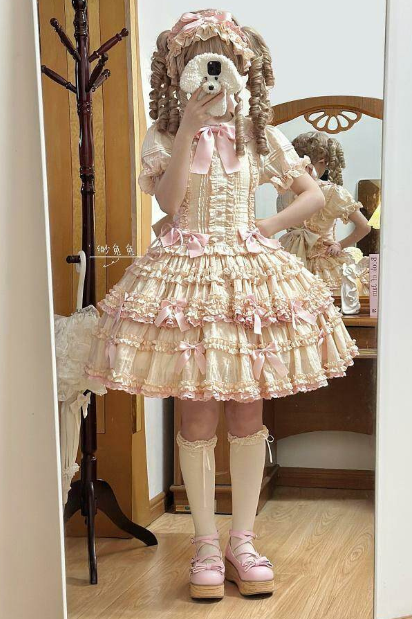 ピュアガールリボンロリータスカート+インナー+ベスト+ヘアバンド+スリーブ