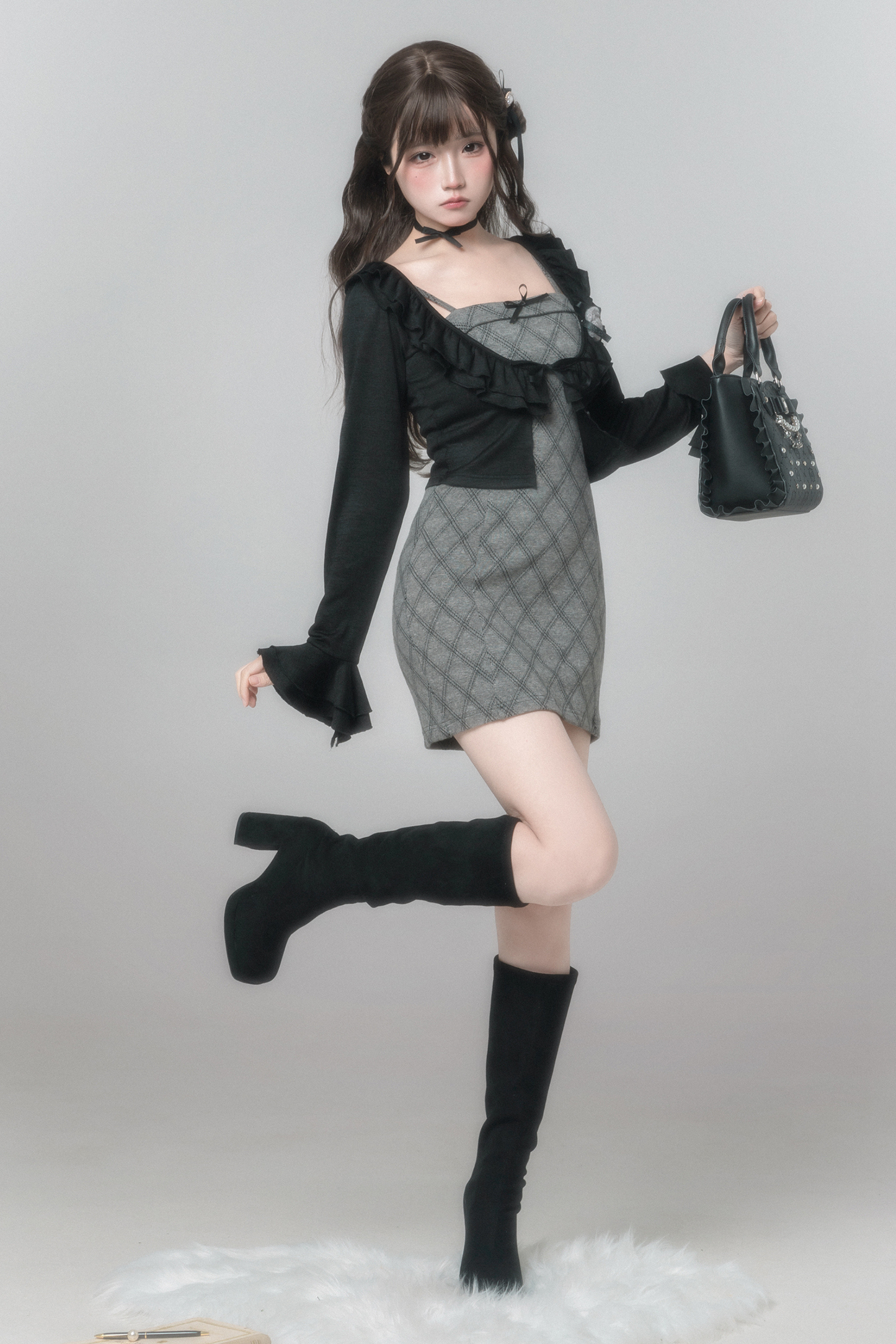 チェックキャミソールドレス+カーディガン