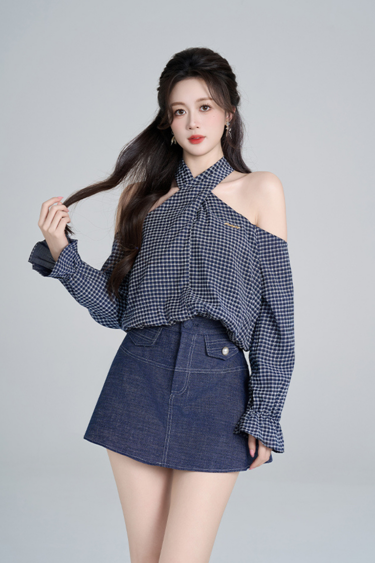 Chemise bustier à carreaux + jupe en jean