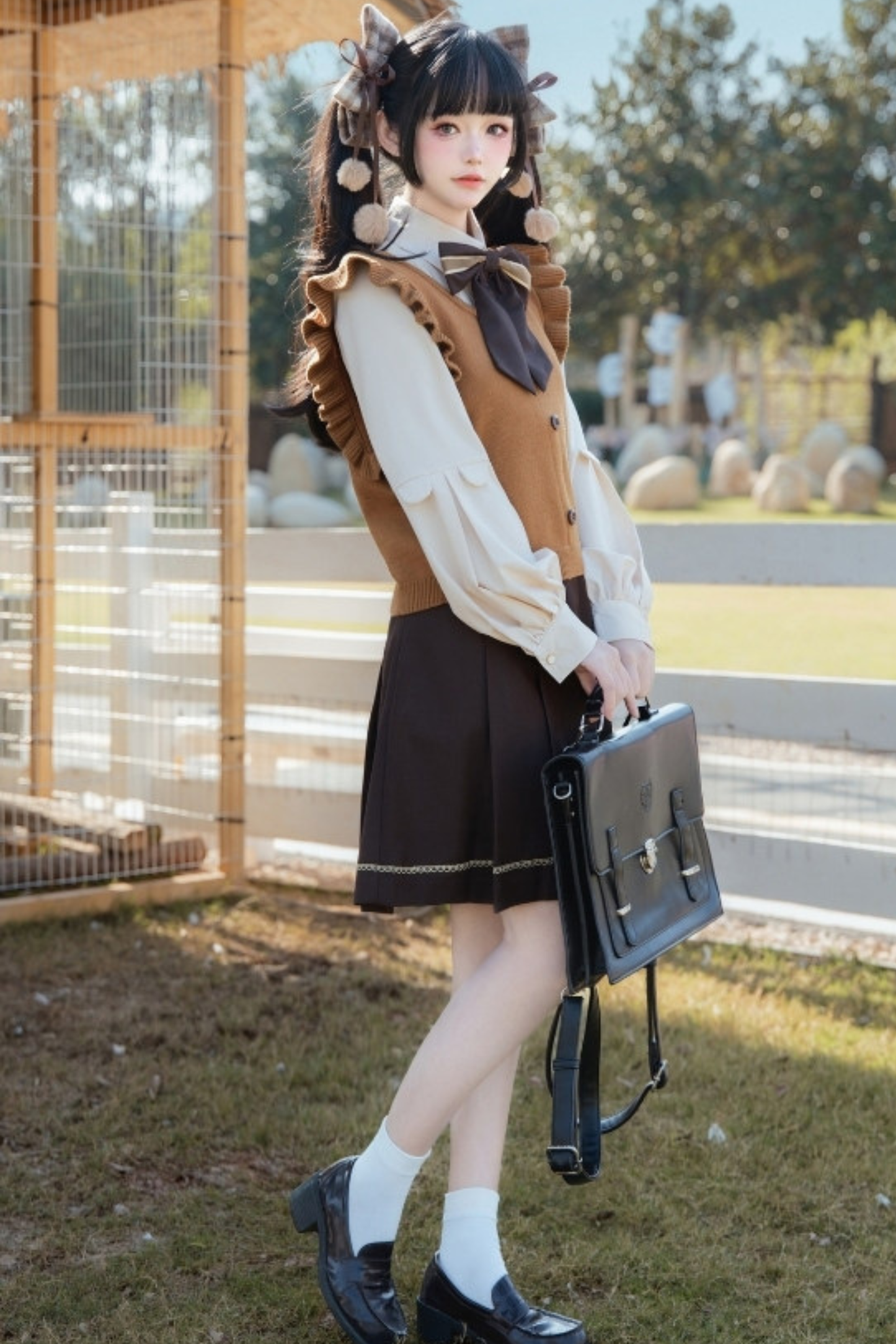 ファーカラーケープ＋ニットベスト＋シャツ＋プリーツスカート＋リボン