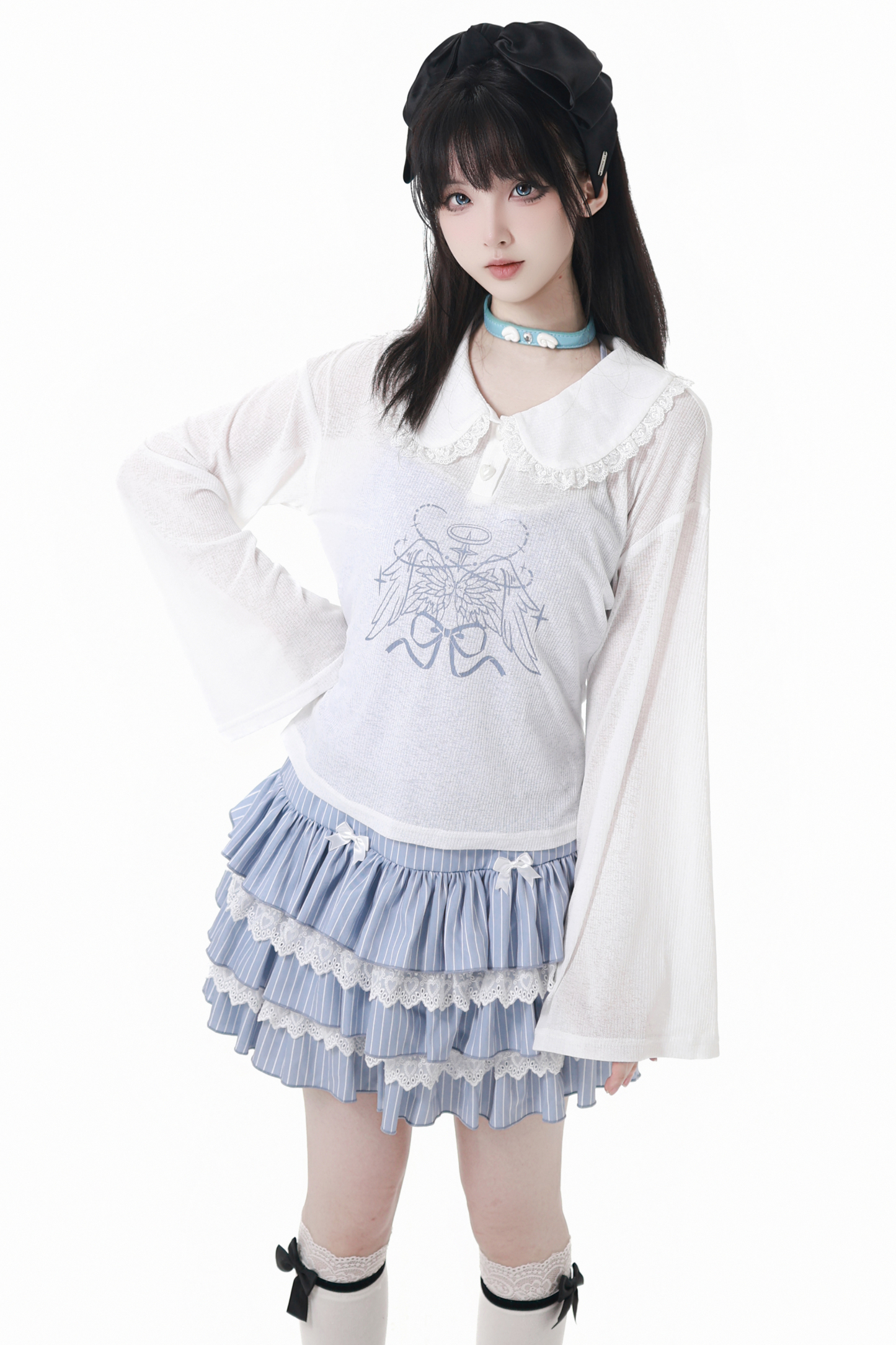 スモックサスペンダー+ドールカラートップス+ケーキスカート