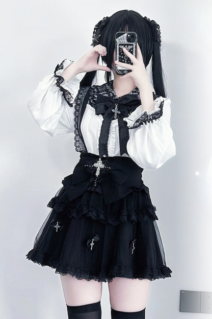 Dark windcloth shirt + skirt + ribbon