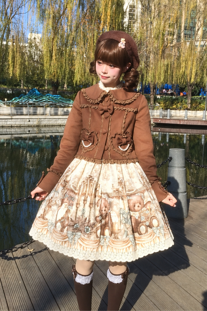 【10月17日予約締切】Brown/Black Sweet Lolita Pearl Bow Lace Short Coat