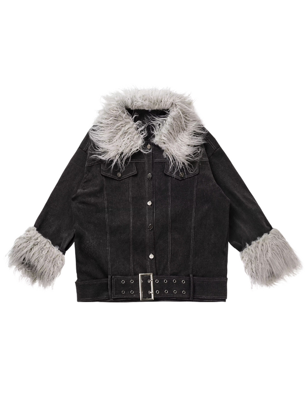 ブラックグレートップスショートデニムジャケットスリットミモレ丈スカートボトムスセットアップ