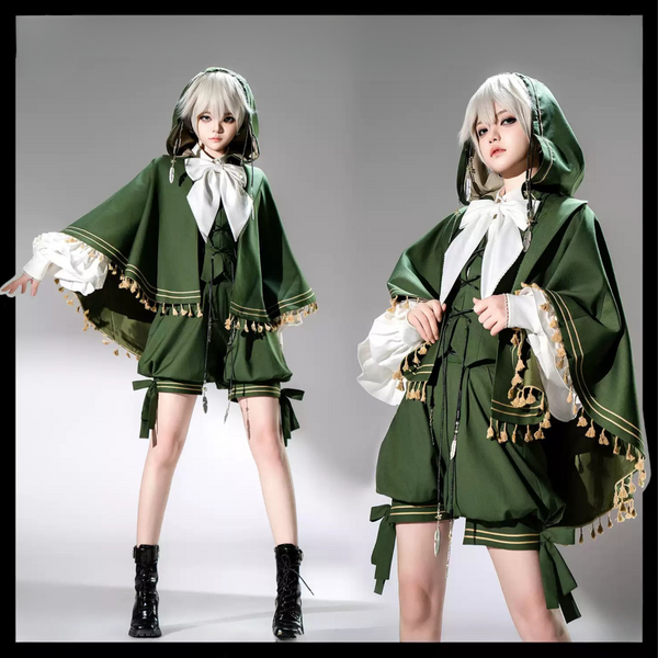 うさ耳フーディーベスト＋ショートパンツ＋ケープフェザーグリーンプリンスコーデ