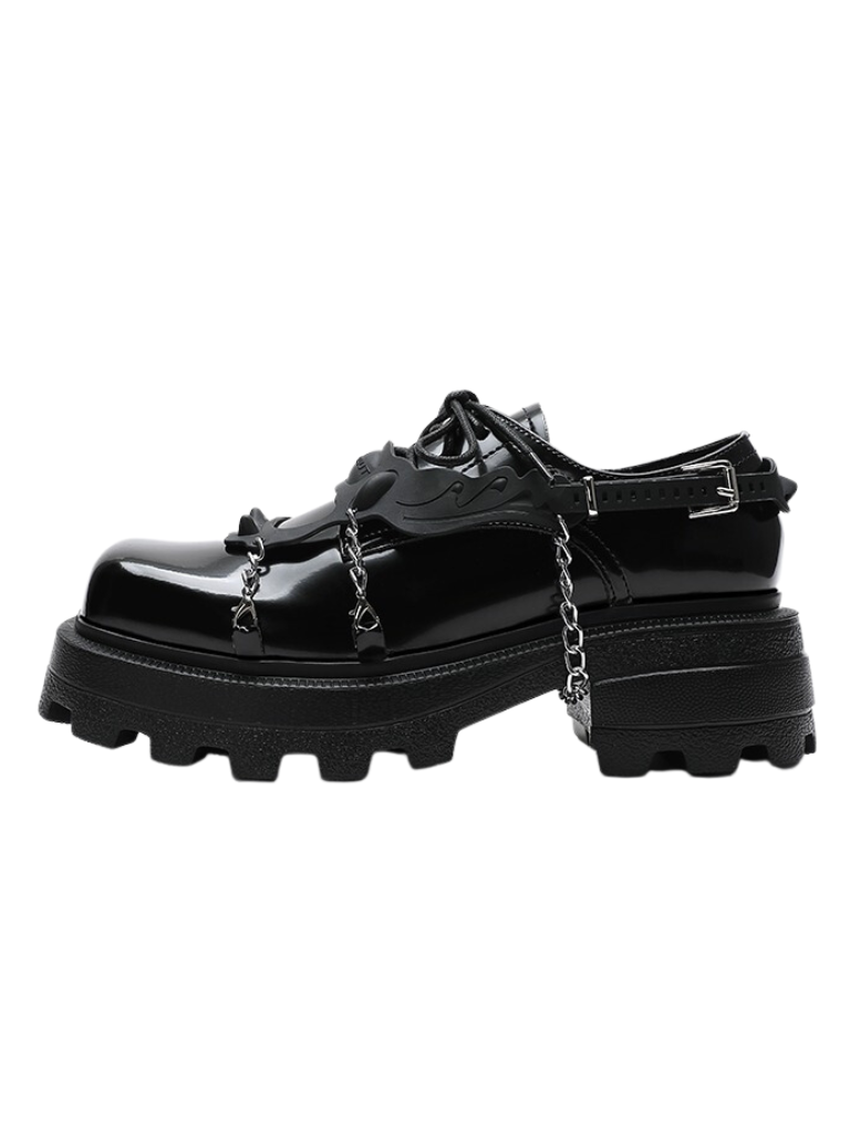 Metal Chain Square Toe Lace Up Muffin Sole Loafer Shoes