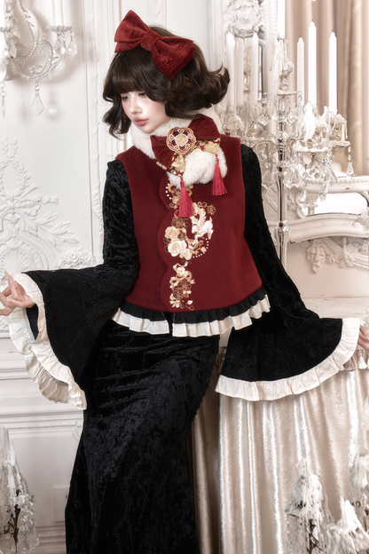 レトロフィッシュテールチャイナドレス+ベスト+ファースカーフ