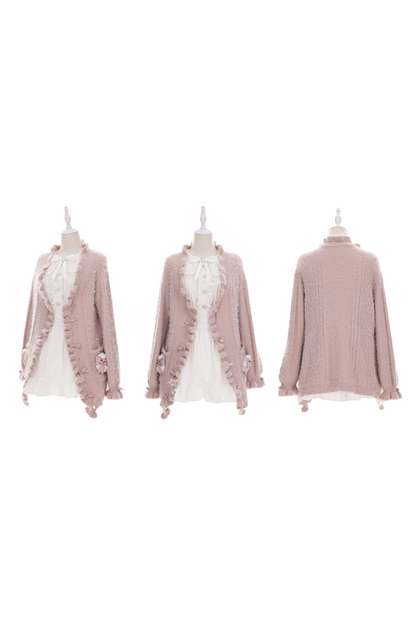 Powder Puff Ribbon Shaggy Fur Ruffle Knit Cardigan