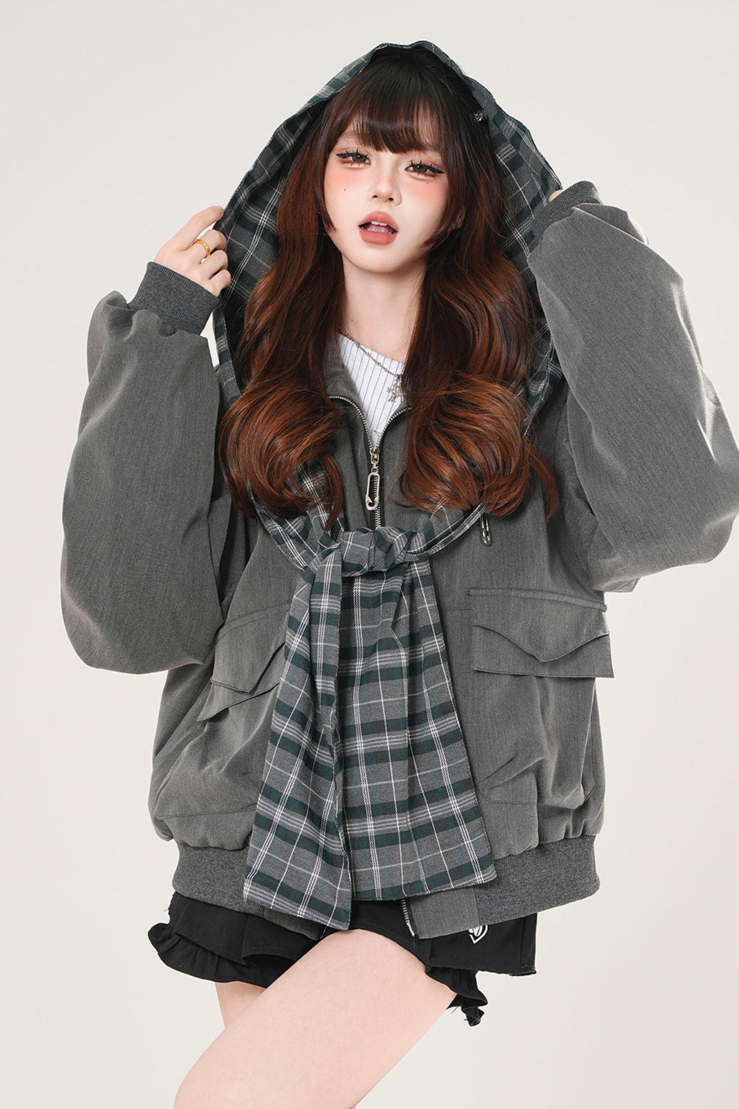 モードチェックフードジャケット