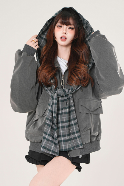 モードチェックフードジャケット