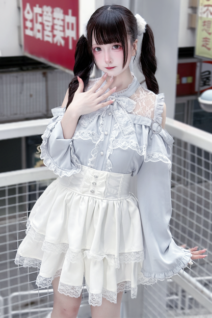 Lace off-the-shoulder shirt + lace-up skirt