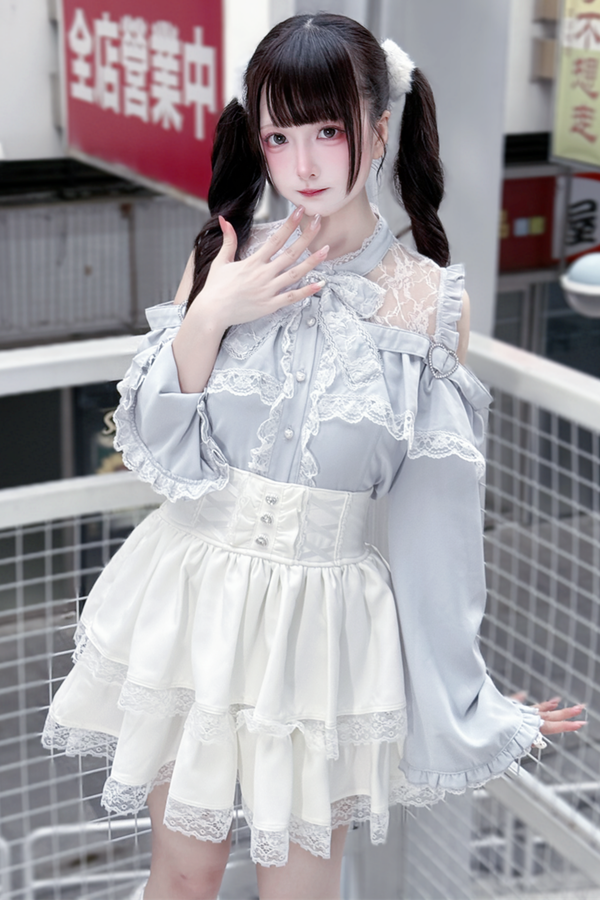 Lace off-the-shoulder shirt + lace-up skirt