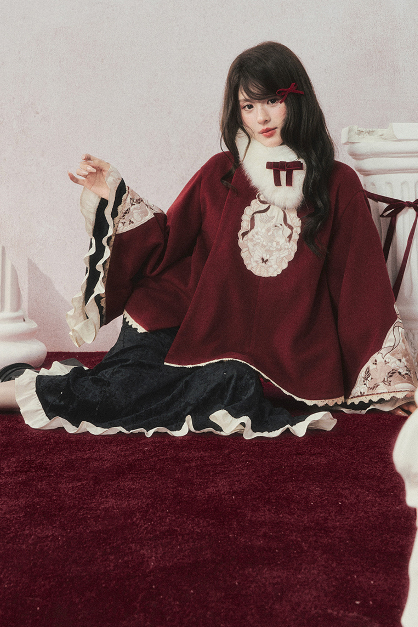 レトロゴージャスブラックベルベットマーメイドテールチャイナドレス+マント